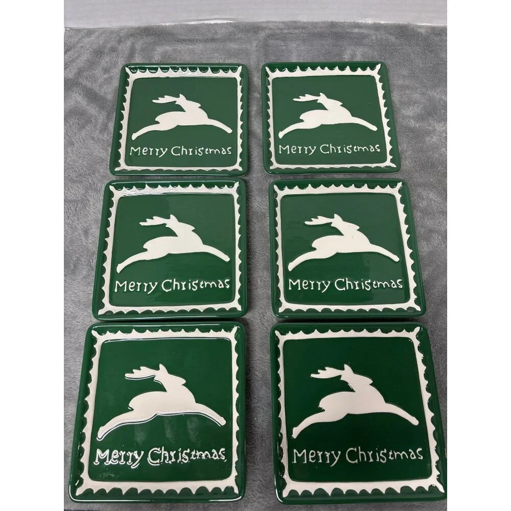 Ceramic Green Square Dessert Plate Reindeer Merry Christmas Holiday Rudolph - 6